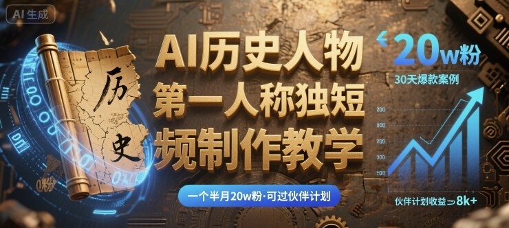 最新AI历史人物第一人称独白短视频制作教学，一个半月20w粉，可过伙伴计划-锦瑟博客