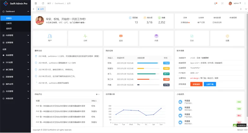 swiftadmin(基于ThinkPHP6 + Layui的开源后台管理系统框架)-锦瑟博客